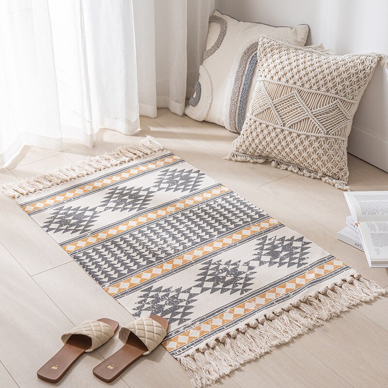 Cotton Linen Woven Vintage Tassels Rug Boho Room Decors Eesthetic Bedrooom Tempat Tidur Karpet Ruang Tamu Ruang Lantai Rumah Sederhana