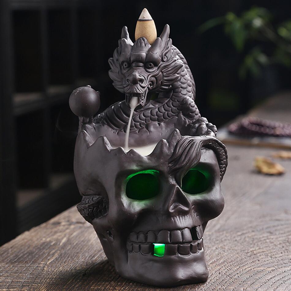 Statue de Dragon LED, brûleur d'encens à reflux, décoration de crâne d'halloween, fontaine de fumée, porte-encens en cascade, décoration de maison