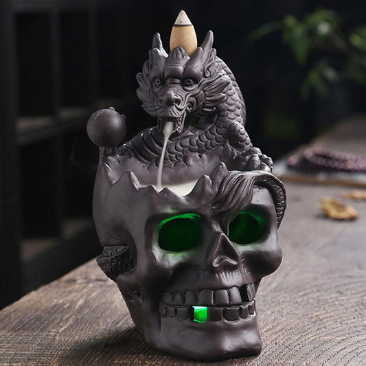 LED Dragon estátua BackFlow Incense Burner Halloween Skull Decoration Ornamento