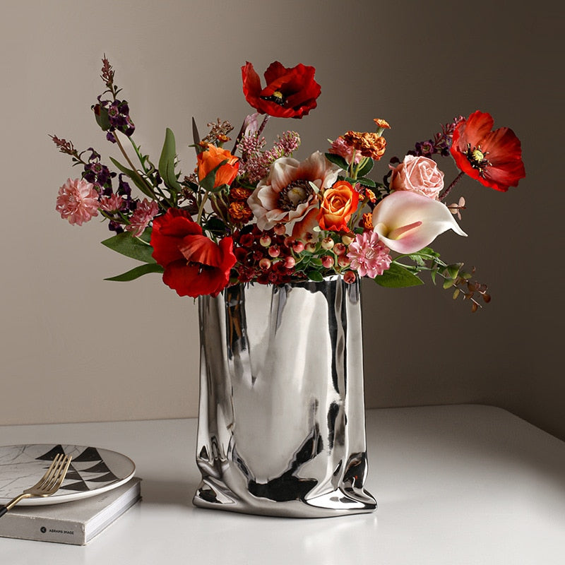 Lüks Seramik Gümüş Bitki Vazo Elektrapan Çiçek Oturma Odası Çiçek Düzenlemesi Otel Sanat Pot Dekorasyonu Ev Aksesuarları
