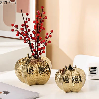 Pomegranate Shape Gold-plated Ceramic Vase Artificial Flowers Decorative Flower Arrangement Desk Decoration Crafts Floral Vases
