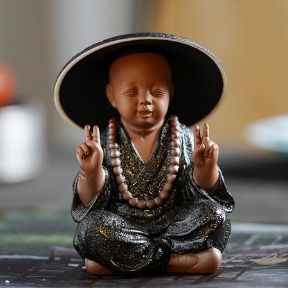 Svart keramik buddhistiska munkar miniatyr figurer buddha staty skulptur fairy ornament meditation hem trädgård docor dekoration