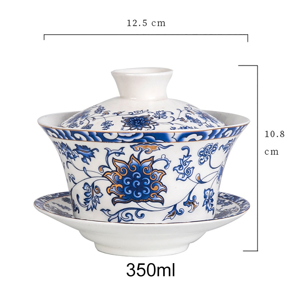350 ml Keramikk av stor kapasitet Gaiwan Tea Cup Chinese Tea Cups Soup with Lid Bowl Lotus Hand Drawing Porcelain Gaiwan For Travel
