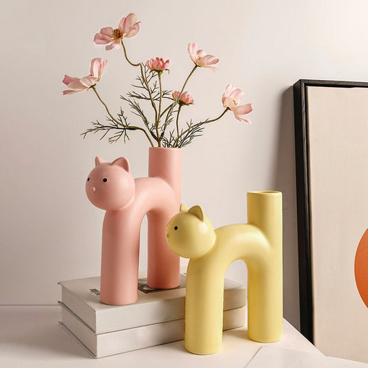 Moderní keramická váza roztomilý trubkový tvar kočky pro kancelářský obývací pokoj Ozdoby severské květinové květináče sušené květinové umění řemesla dárek