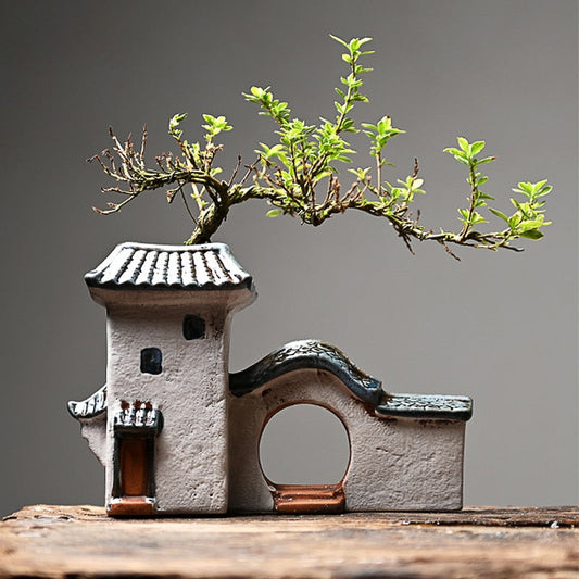 Casa antiga chinesa Construção retrô cerâmica Decoração de flores do jardim Bonsai Figuras Miniaturas Ornamentos para casa Navio livre