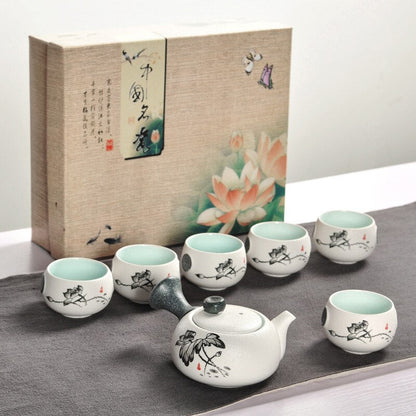 ערכת תה סינית קונג פו קרמיקה לבנה חרסינה ניידת חרסינה טאסטית גאיוואן כוסות תה טקס תה סיר תה