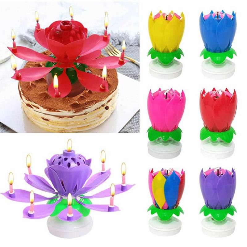 로테이션 연꽃 생일 촛불 연꽃 촛불 노래 촛불로 묶는 회전 케이크 토퍼 토퍼 재사용 가능한 생일 캔들 홈 장식