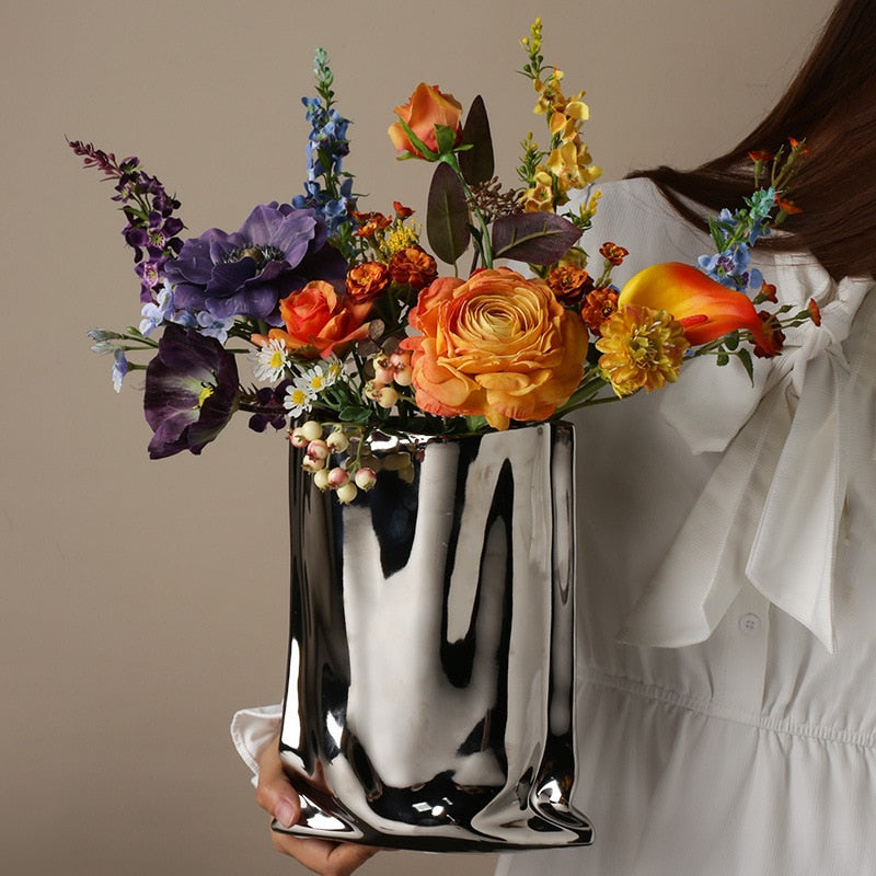 Vaso de planta de prata de cerâmica de luxo Eletroplicar a sala de estar floral Arranjo de flores Hotel Decoração de maconha Acessórios domésticos