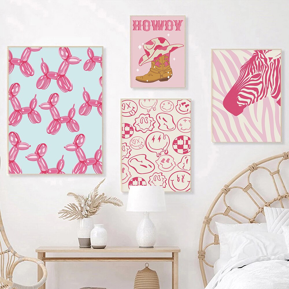 Pink Preppy Wall Art Girl Bed Room Decor Hot Pink Canvas Lukisan Dorm Preppy Posters Nordic Funky Home Hiasan