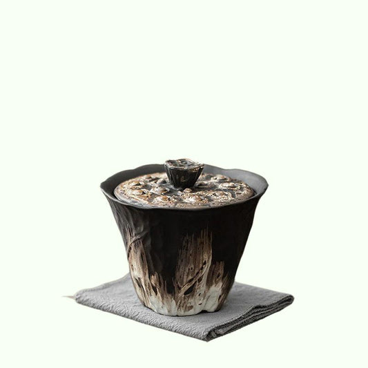 200 ml handgefertigte geprägte Lotus-Keramik-Teeschale im Wabi-Sabi-Stil, abgedeckte Schüssel, grobe Keramik-Teebereiter, Gaiwan-Kung-Fu-Tee-Set, Geschenk