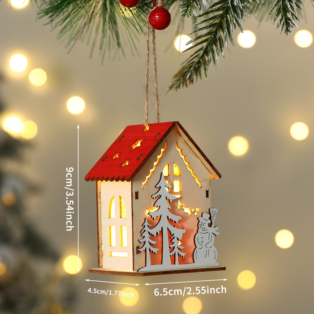 Nový vánoční dřevěný dům Přívěsek Snowman Elk Santa Claus Bear House osvětlení zářící srub vánoční dekorace