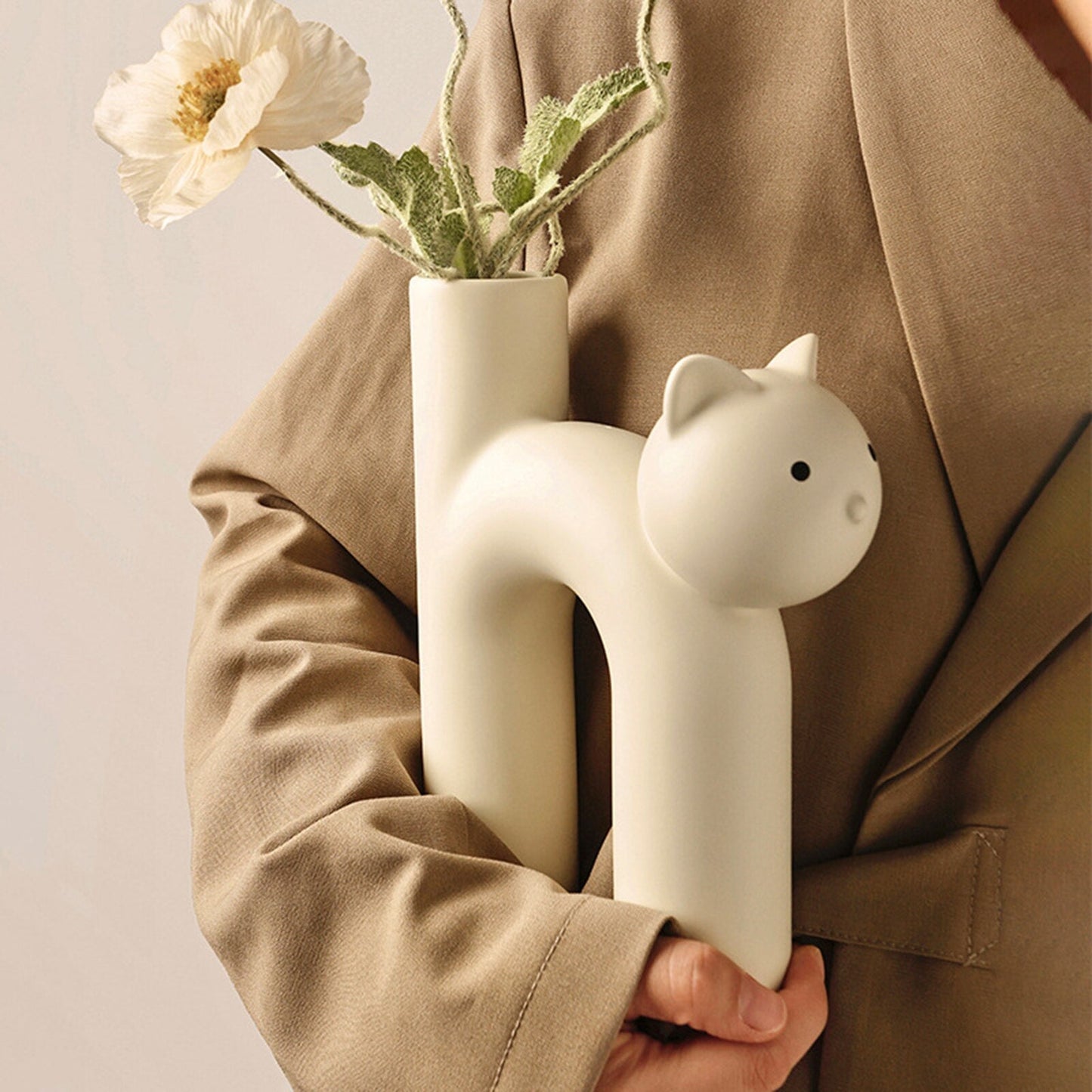 사무실 거실 장식용 현대 세라믹 꽃병 귀여운 관형 고양이 모양 북유럽 화면 건조 꽃 예술 공예 선물