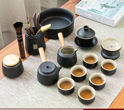 Schwarzes Keramik-Teezeremonie-Set, Keramik-Kung-Fu-Teekannen-Set, Teeservice-Set im Zen-Stil mit Teedose, Geschenkset