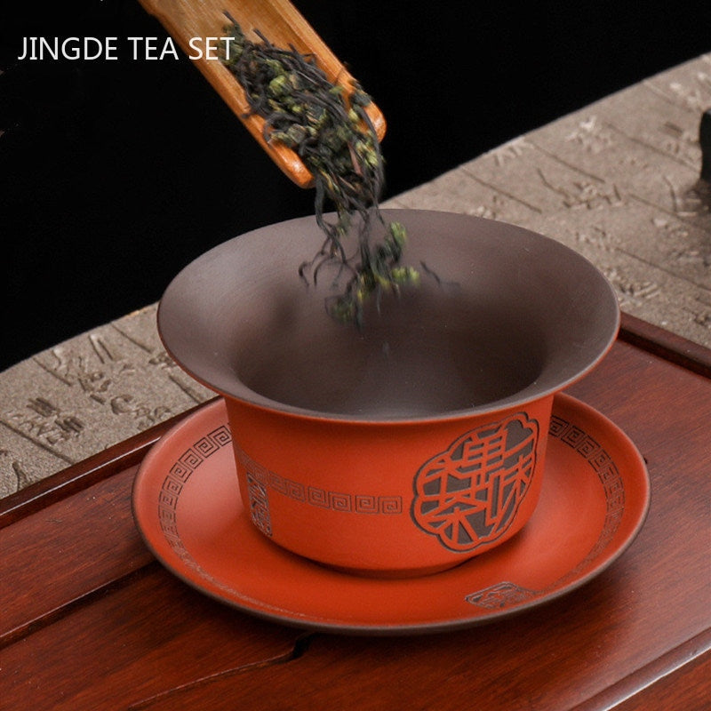 Service à thé Gaiwan en argile violette de haute qualité, machine à thé Portable faite à la main, bol à thé de Tradition chinoise, service à thé et soucoupe