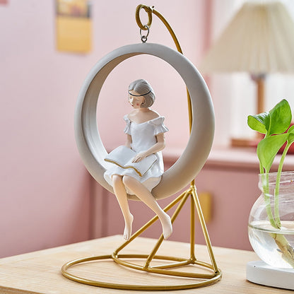 Decoração nórdica decoração de menina moderna swing ornamento kawaii bubble menina escultura sala de estar para mesa de figurina resina artesanal presente