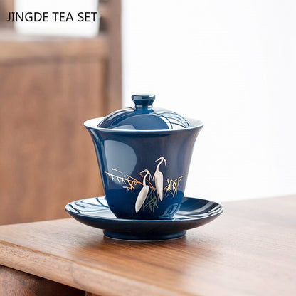 Sininen keraaminen Gaiwan Tea Cup Kannettava putiikki henkilökohtainen teekulho kansilla iso käsin tarttuva kulho kotitalouden teesarjavarusteet