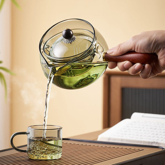 קומקום זכוכית עם ידית עץ טקס תה סיני תה טהור קונג פו תה שקוף בגדי תה סט צדדי קומקום זכוכית
