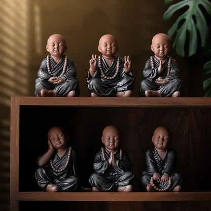 Svart keramik buddhistiska munkar miniatyr figurer buddha staty skulptur fairy ornament meditation hem trädgård docor dekoration
