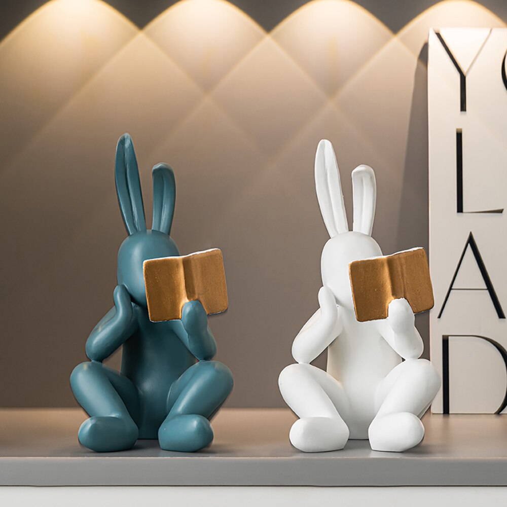 Tecknad kreativ läsning kanin prydnad hem dekoration vardagsrum sovrum skrivbord mode serie hartsmodellstaty gåva