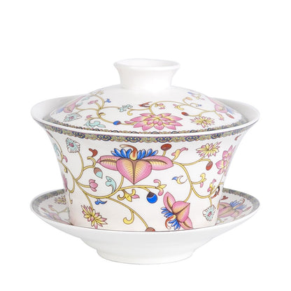 350 ml de cerámica de gran capacidad Copa de té Gaiwán Cazas de té chinas Sopa con tapa de tapa Dibujo de loto de porcelana Gaiwán para viajar