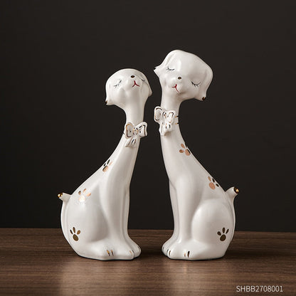 Figurines de chien en porcelaine créatives, 2 pièces, décoration de maison, artisanat, ornements de Table de chevet, joli cadeau de décoration de bureau d'ordinateur 