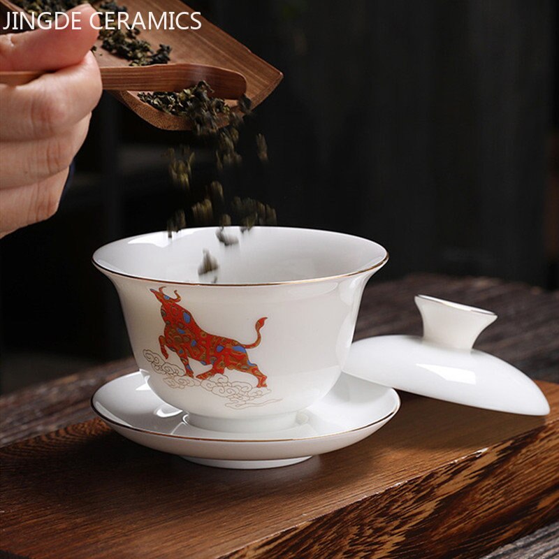 ג'ינגדז'ן קרמיקה גאיוואן סינית חרסינה לבנה סינית קערת תה קערה קיבולת גדולה כוס תה צלוחית סט מתנות יצרנית תה ביתי.