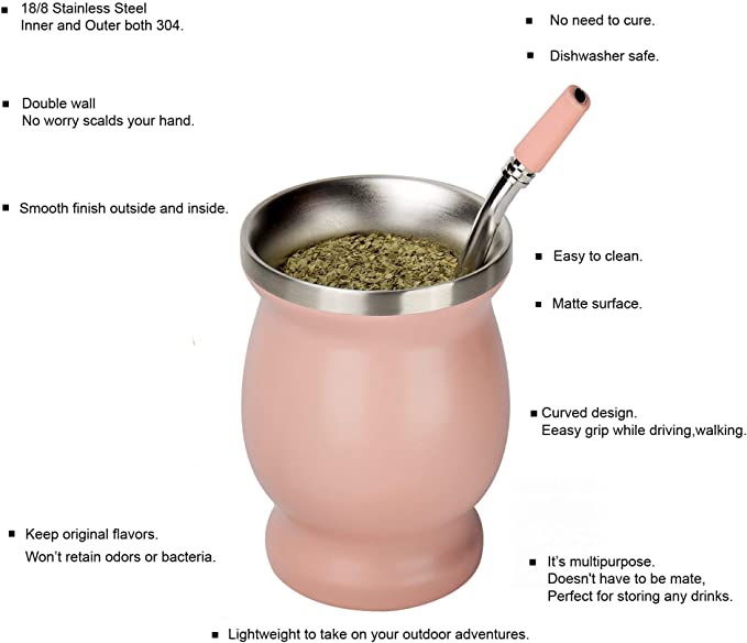 Yerba Mate Gourd Conjunto de cabaça de parede dupla de aço inoxidável Cup de chá e Bombilla Inclui Yerba Mate Gourd (Cup) com um Bombilla