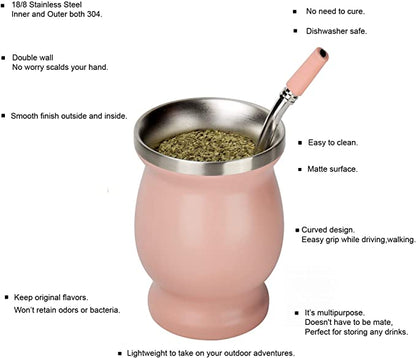 Yerba Mate Gourd Set Double-Wall Stainless Steel Mate Tea Cup and Bombilla Set Includes Yerba Mate Gourd (Cup) With One Bombilla