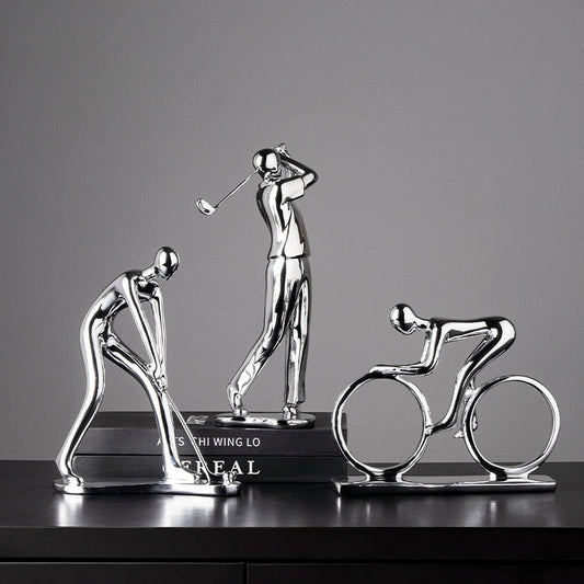 Noordse zilveren keramische abstracte hars fietser fietser standbeeld fiets rijder standbeeld fiets figuur balk bar home decor ambachten