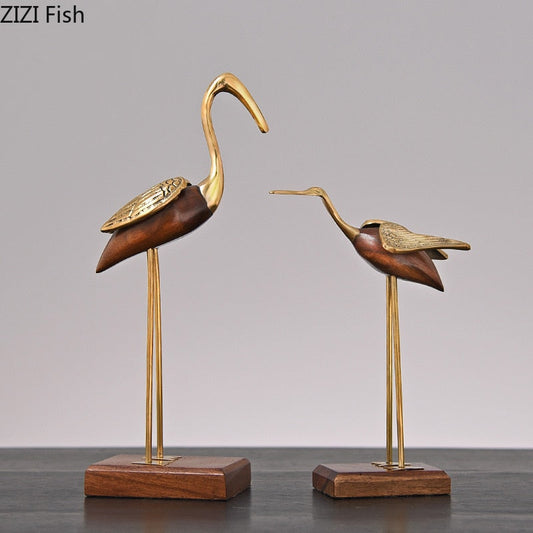 Golden Fairy Crane Wood Carving Crafts Sculpture Room Eesthetics Furnishings Desk Ornaments Brass Crane Staty Modern Home Decor