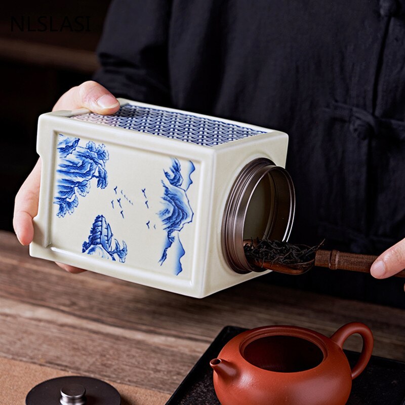 Kinesisk Firkantet Keramik Tea Caddy Oolong Tieguanyin Beholdere Rejse Tepose Forseglet Krukke Kaffebeholder Køkken Spice Organizer