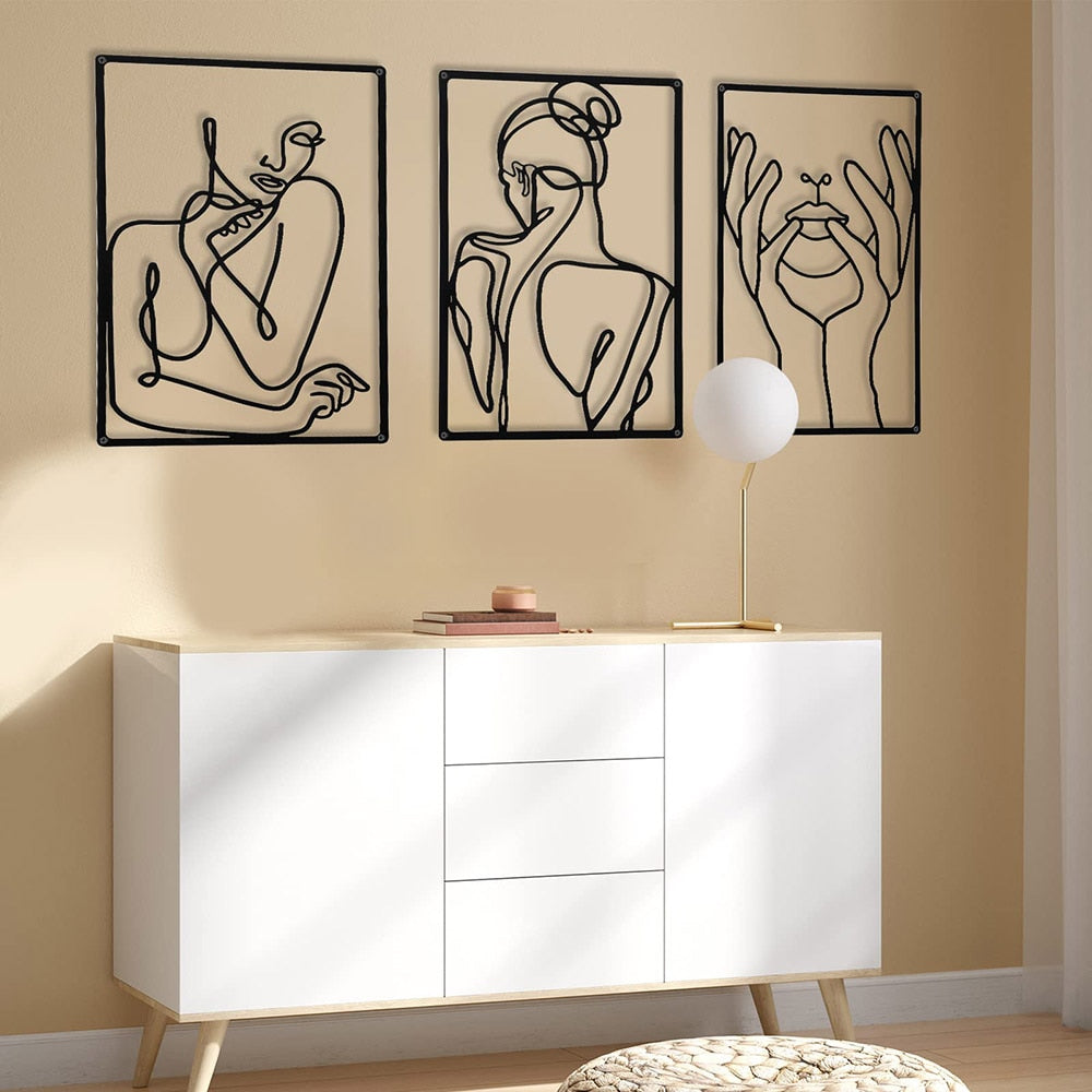 Ensemble de 3 panneaux métalliques minimalistes abstraits en forme de femme, Art mural de Style nordique, décor de salon, chambre à coucher, décoration découpée noire 