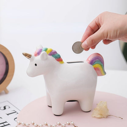 Rainbow Unicorn Piggy Bank Unicorn Horse Ceramics Decoración Descripción de casas para niños Decoración de la oficina Regalos para niños