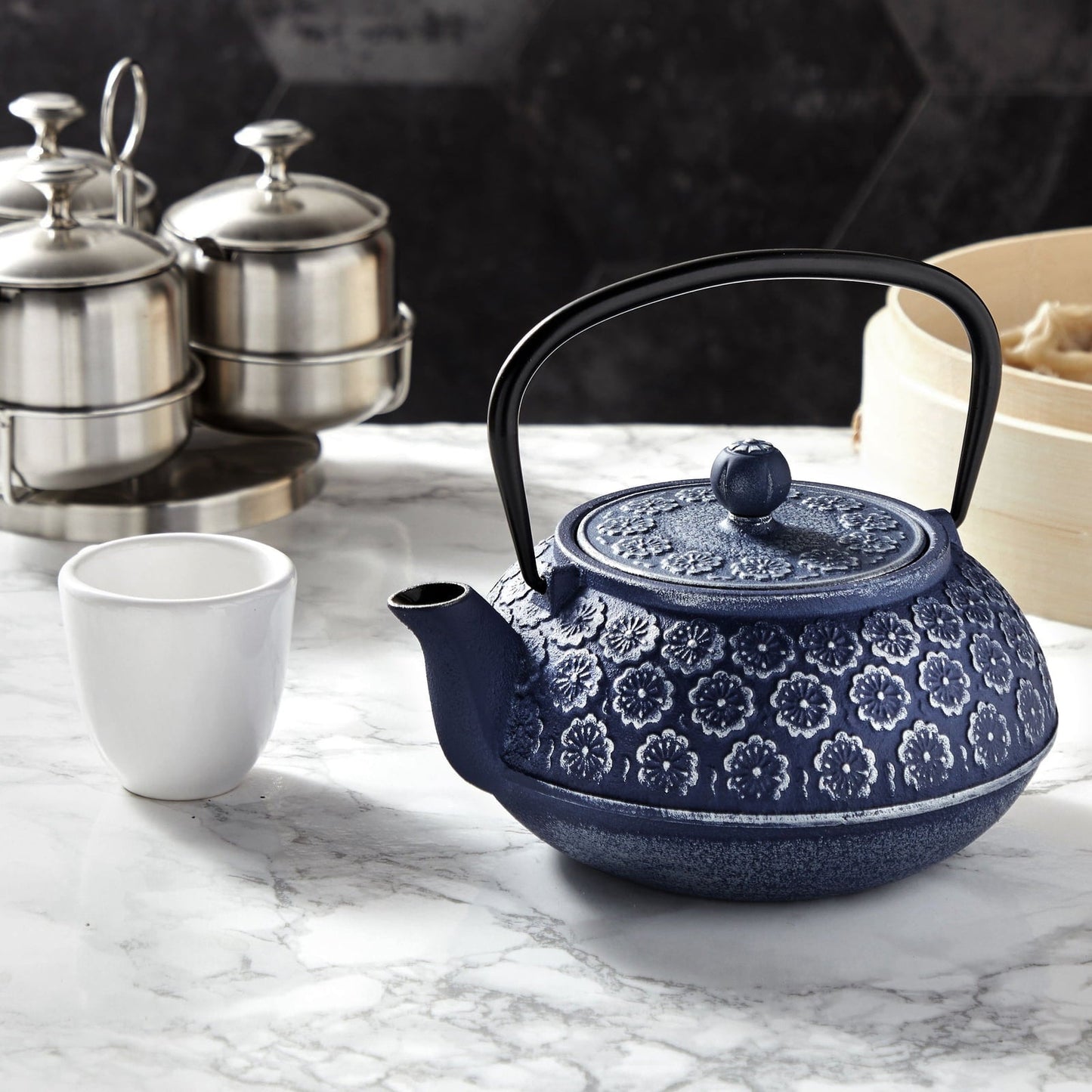 Blue Cast Iron Chinese Teapot with Infuser for Loose Leaf Tea, Includes Handle and Removable Lid, 34oz