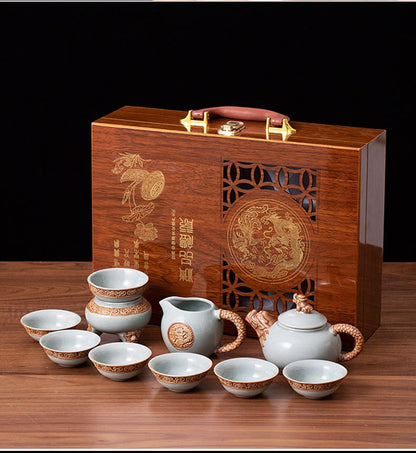 Ge Kiln Tea Set Gift Box Teaware Creative Ceramic Relief Dragon Kettle Festival Wooden Box Set of Business Gifts Kung Fu Tea Set