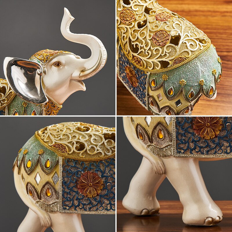 Šťastný slon socha slona figurky z pryskyřice Office Miniatury Golden Feng Shui slon ornament domácí dekorace