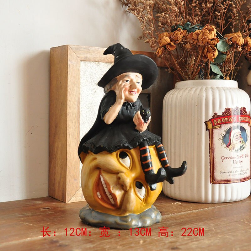 Vintage Ghost Skull Ornament Hand-Painted Black Cat Witch Desktop Patung Fun Halloween Dekorasi Kerajinan Kerajinan Hadiah Ulang Tahun