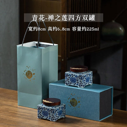 Blue and White Tea Caddy Ceramic Airtight Jar Wooden Cover Moisture Proof Tea Box Tea Container Candy Jar Food Organizer Tea Can