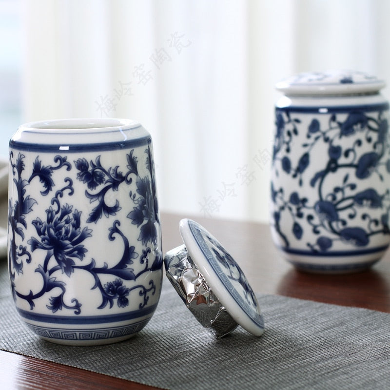 Caja de té de porcelana blanca y azul de palacio chino, recipientes sellados de cerámica portátiles, caja de almacenamiento de bolsas de té de viaje, bote de café