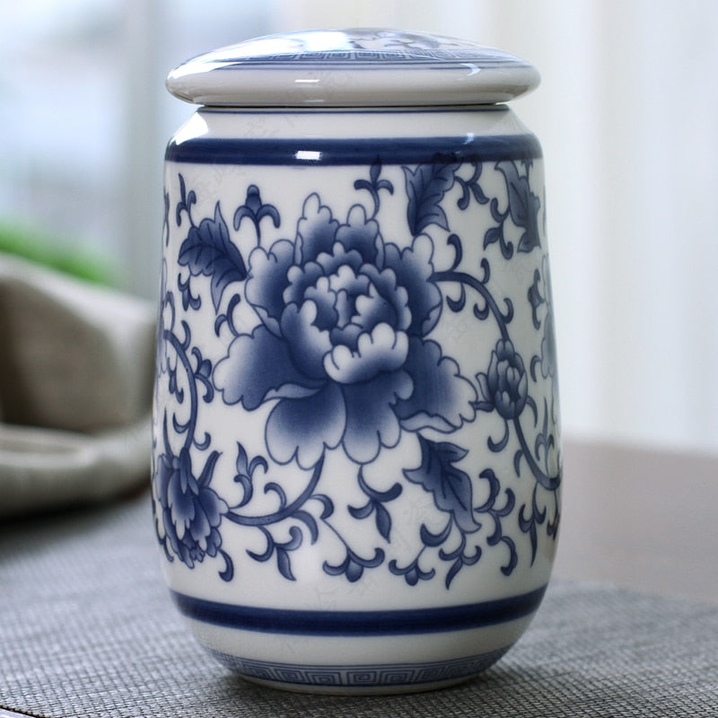 Caja de té de porcelana blanca y azul de palacio chino, recipientes sellados de cerámica portátiles, caja de almacenamiento de bolsas de té de viaje, bote de café