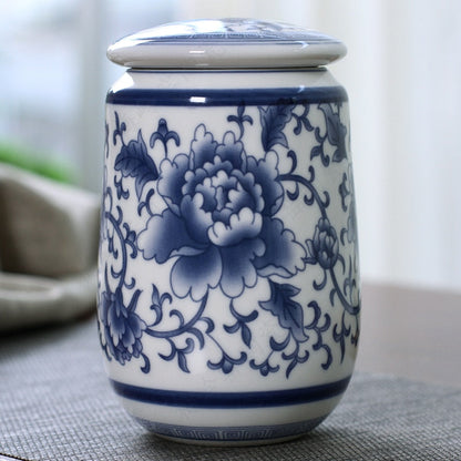 Chinese Palace Blue and White Porcelain Tea Caddy Portable Ceramics Sealed Containers Travel Tea Bag Storage Box Coffee Canister