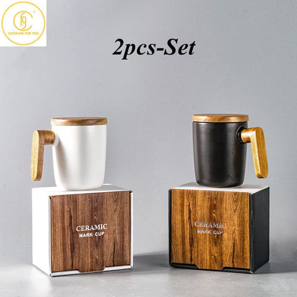 Gift Package Wooden Handle with Cover coffee cup Lovers coffee Mugs Ceramic coffee Mug cup set wooden coffee cup