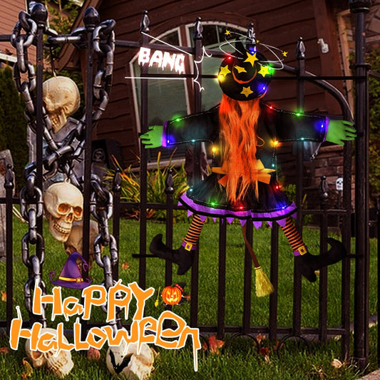 2023 New Glow Halloween 마녀 인형 마녀 나무에 부딪 치는 나무 주도 할로윈 장식 장난감 재미있는 문 현관 나무 장식.