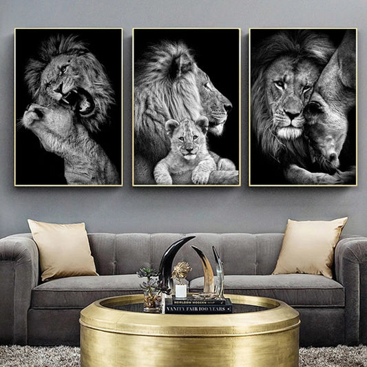 Sala de estar nórdica Lion Pintura decorativa Carteles de animales estampados de dormitorio Lion Arte de pared en blanco y negro Mural Office Decoración del hogar