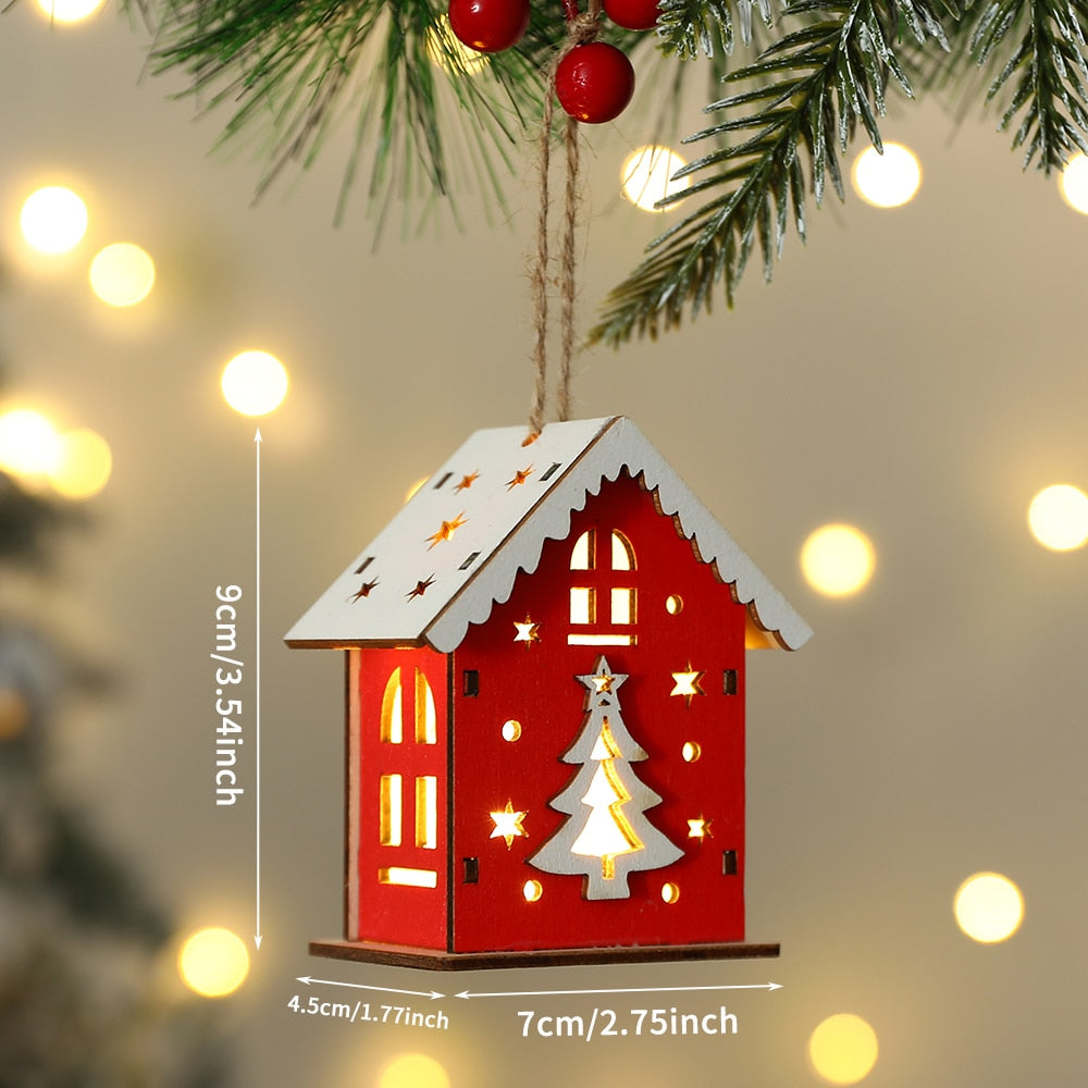 새로운 크리스마스 목재 집 펜던트 눈사람 엘크 산타 클로스 베어 하우스 조명 빛나는 통나무 객실 크리스마스 장식 용품