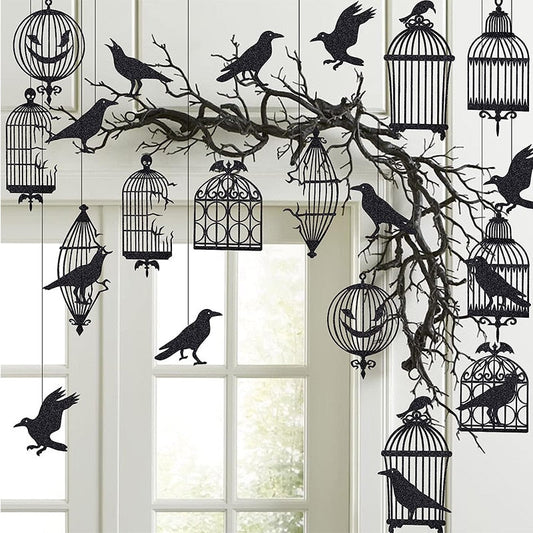 Glitter Black Crow Cage Halloween -juhlakoristeet goottilaisista Halloween -puusta roikkuu koristeet Raven Bird Cage Bander Garland