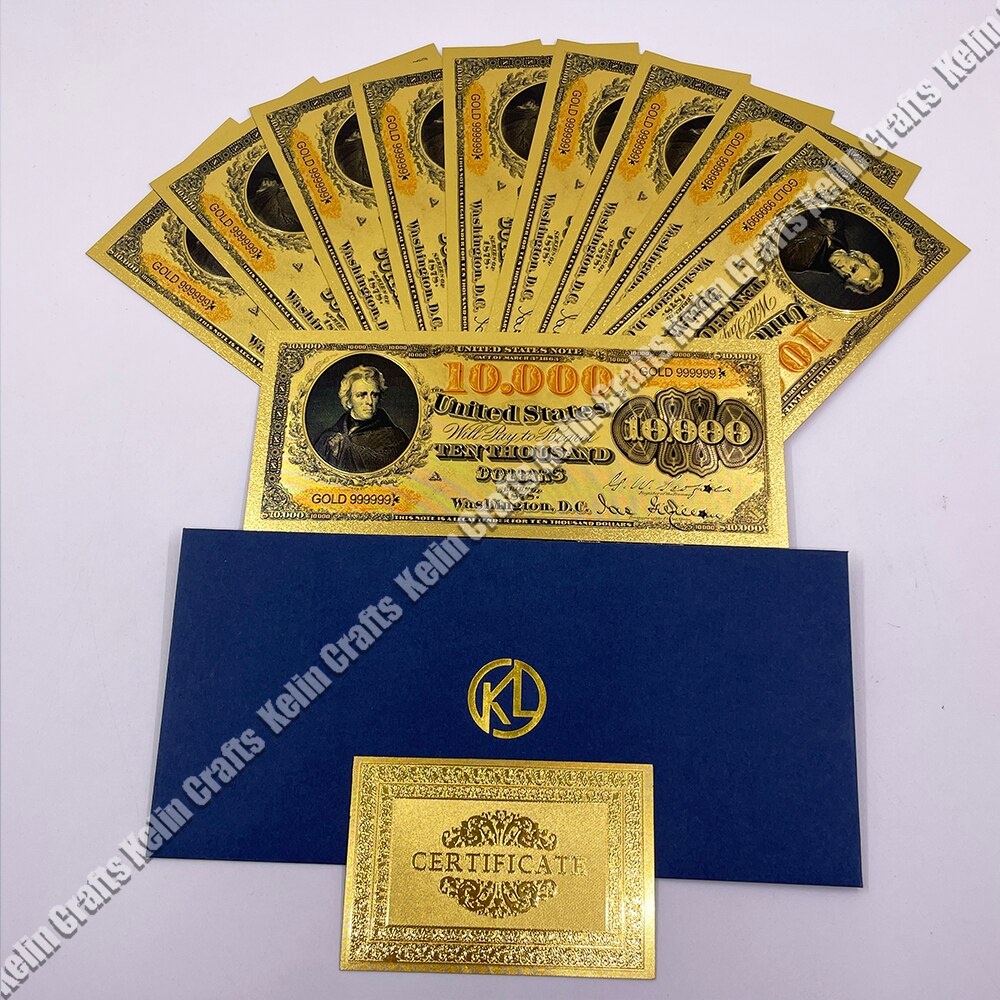 10 piezas/lote USA 100 dólar de oro Platsic Platsic Platsic Bill Bill Estados Unidos de América con sobre para regalos