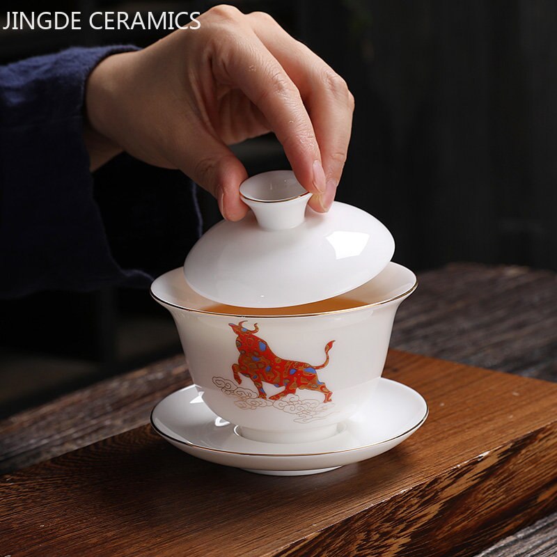 Jingdezhen keramik gaiwan porselen putih porselen teaset mangkuk teh besar berkapasitas cangkir teh set home tea pembuat teh hadiah