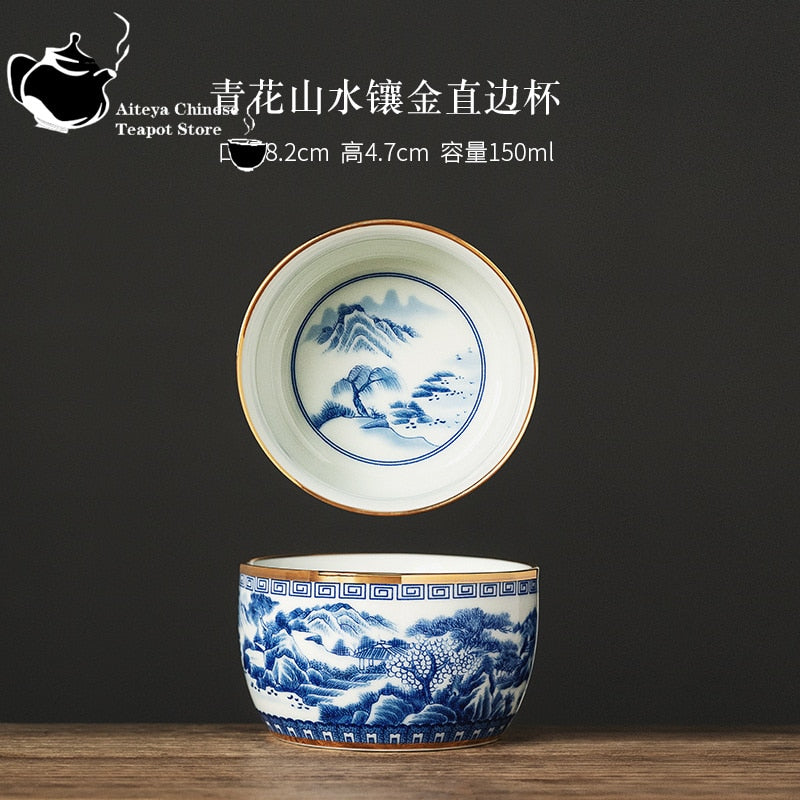 Jingdezhen handgeschilderde blauwe en witte landschap Master Cup ingelegd met gouden keramische kung fu theeset, theekop, high-end theekom