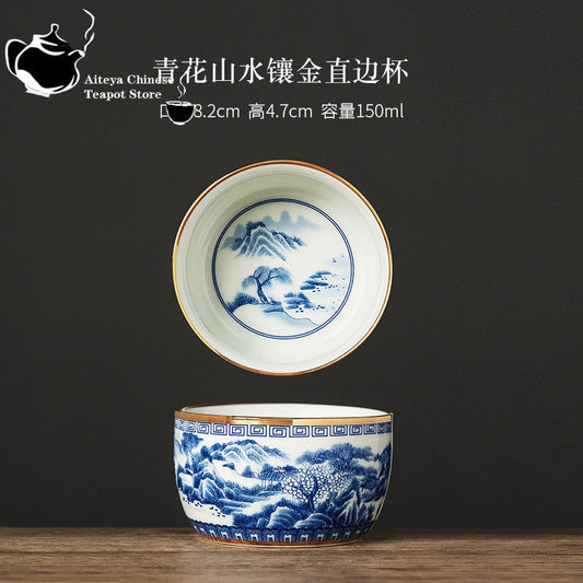 Jingdezhen håndmalet blå og hvid landskab Master Cup indlagt med guld keramisk kung fu-tesæt, te cup, high-end te skål